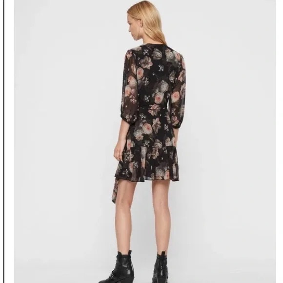 ALL SAINTS Jade Eden floral wrap mini dress size XS black long sleeve - Picture 4 of 12